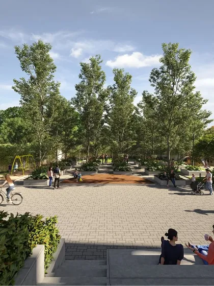 I envision spaces that bring people together. This illustration shows a central plaza in a community living project, designed as an active hub for residents to connect, with integrated seating and open areas framed by lush greenery.