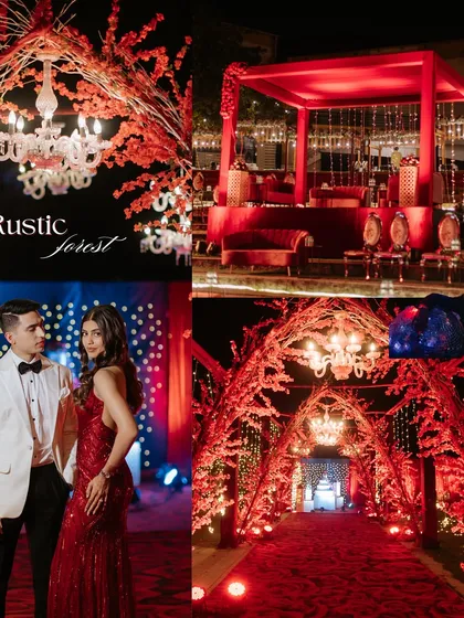 A "Rustic Forest" reception theme, featuring a dramatic entrance tunnel made of red branches and chandeliers.