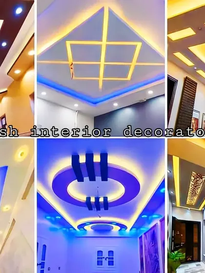 A beautiful collage of false ceiling light designs. This gallery shows a range of styles, from simple blue and yellow combinations to more complex, multi-colored patterns.