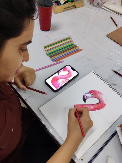 A series of images showing an adult student drawing a vibrant flamingo with color pencils, from the initial sketch to the final blended colors.