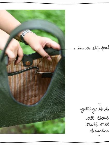The interior slip pockets of the All Woven Twill Moss Sunaina, perfect for keeping your essentials organized.