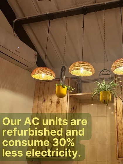 Even our cooling is conscious. The AC units in the salon are refurbished models that consume 30% less electricity, reducing our carbon footprint one detail at a time.