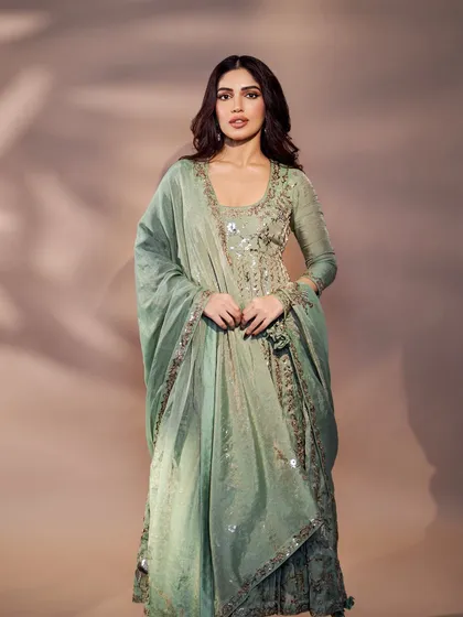 Bhumi Pednekar in a graceful sage green anarkali for the 'Pariksha Pe Charcha' event. The subtle sequin work and classic silhouette make it a sophisticated and event-appropriate choice.