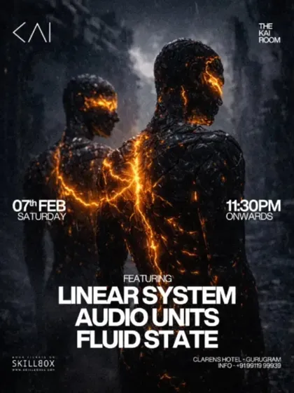 A poster for a techno night featuring Linear System, Audio Units, and Fluid State.