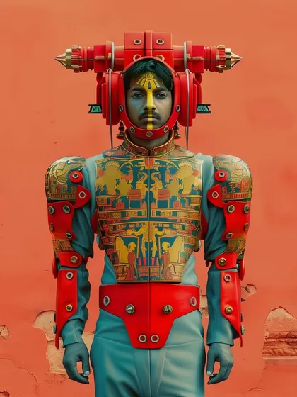 A Yuntriksh pilgrim in a more ornate red and blue suit. The designs on the armor are inspired by traditional Indian art and architecture.