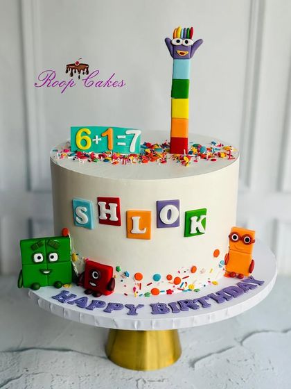 A fun and educational Numberblocks cake for Shlok's 7th birthday. This cake is decorated with colorful, handcrafted fondant characters from the popular show, making learning numbers a treat.