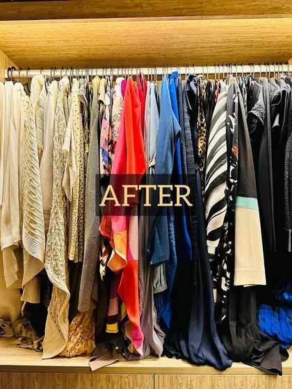After: The same closet, now with uniform black hangers. The space immediately looks cleaner, more spacious, and everything is hung at the same level for easy browsing.