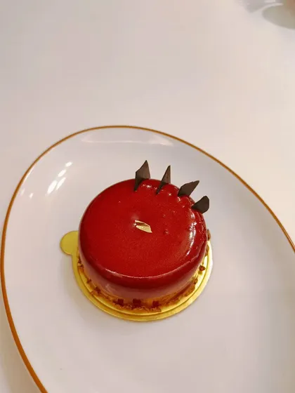A close-up of the Cherry and Chocolate pastry from a customer's visit. Its modern design and rich flavour make it a popular choice.