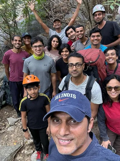 The Varlakonda crew. A happy group selfie after a great day of climbing and community.
