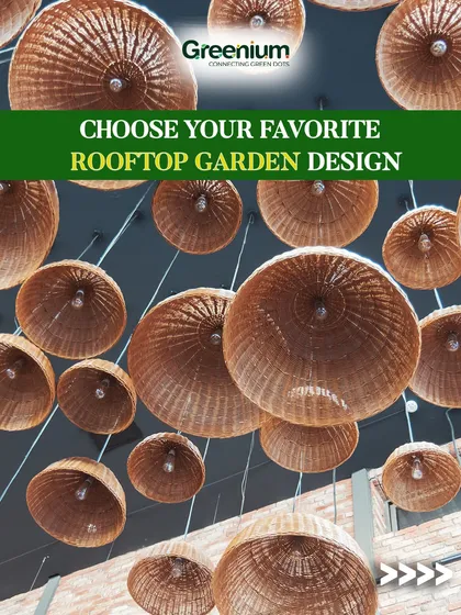 This image showcases a unique ceiling treatment with woven basket-like light fixtures, perfect for adding a rustic and warm touch to a covered rooftop or terrace garden.