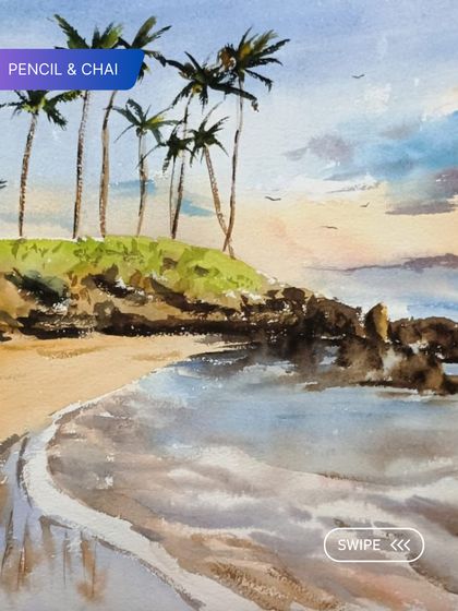 A beautiful beach scene painted in watercolor. Our advanced courses teach you how to tackle complex compositions involving water, sand, and foliage.