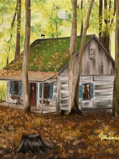 A cozy cottage nestled in the woods. This piece is all about finding peace in nature. I can create a custom illustration of a dream cabin or a real one that holds special memories for you.