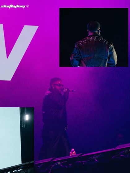 A collage of NAV's performance, showing him on stage and a close-up of the back of his custom jacket.