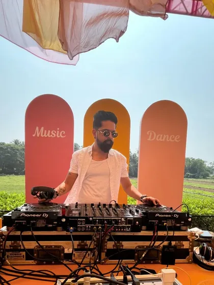 My setup for an outdoor brunch party in Goa. The colorful decor and open-air setting created the perfect backdrop for a day of music and dance.