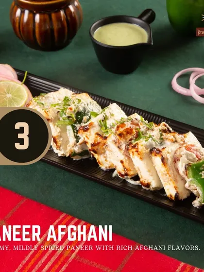 Our Paneer Afghani is a creamy, mildly spiced starter. Soft paneer is marinated in a rich Afghani-style marinade and grilled.
