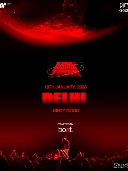 A dark and dramatic poster for The Karma Tour in Delhi. We use powerful imagery to convey the intensity of our hip-hop shows.