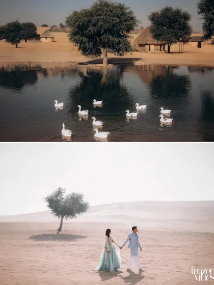 A diptych showing two beautiful scenes from the Khimsar dunes. The top image features geese in an oasis, while the bottom shows the couple walking through the misty, ethereal landscape.