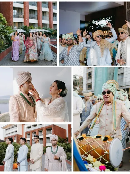 A collage capturing the energy of the groom's baraat, from dancing with friends to receiving blessings from his mother and playing the dhol.