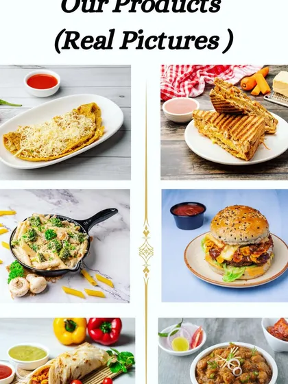 A collage showcasing the variety of dishes I offer, from cheesy omelettes and grilled sandwiches to pasta, burgers, and wraps. This gives you a quick look at the range of my culinary expertise.