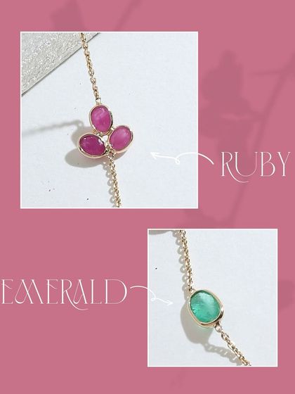 A detailed graphic of the ruby and emerald necklace, highlighting the ruby floral clusters and oval emerald stations. Delicate, yes. Forgettable, never.