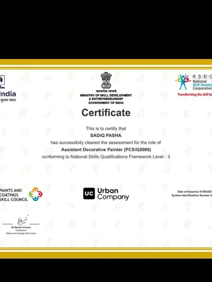 You are hiring a qualified professional. This is my certificate as an Assistant Decorative Painter, recognized by Skill India and the Government of India. This certification is your assurance that I have the proven skills for high-quality decorative painting and professional conduct.