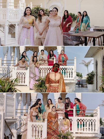 The bride's first look reveal to her bridesmaids, capturing their joyful and surprised reactions.