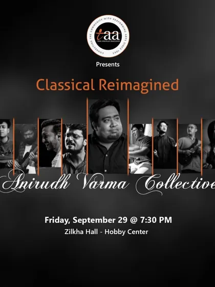 A promotional flyer for our "Classical Reimagined" concert with the Anirudh Varma Collective in Houston. We presented a unique perspective on Indian Classical Music with a 9-musician ensemble.