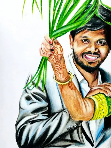 A cropped view of a couple's portrait, highlighting the detailed henna on her hand and his smile. Every little detail is important to make the sketch special.