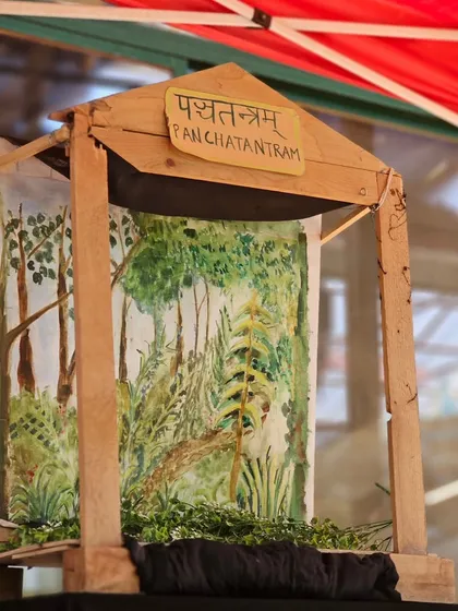 We teach you how to create your own stage. This simple wooden puppet theater, with a hand-painted backdrop for a Panchatantram story, shows how you can bring the magic of puppetry into your own home after attending our workshops.