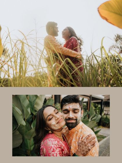 A collage of post-Haldi portraits, the couple embracing amidst tall grass, their faces still touched with turmeric.