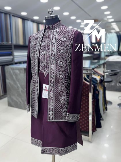 Another angle of the wine and silver Indo-Western outfit, highlighting the rich color and the sparkle of the silver threadwork.