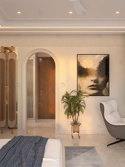 A detail shot of the master bedroom, showing the dedicated work-from-home space with a floating desk and an elegant lounge chair, perfectly integrated into the room's design.