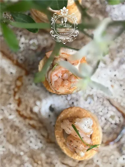 An artful, top-down shot of my Prawn Vol-au-vents. Each bite is a taste of the sea, with succulent prawns nestled in a light, buttery pastry shell.