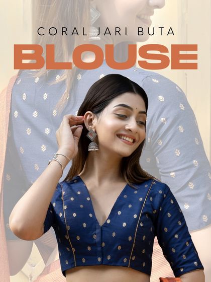 Modern cut, timeless charm. This graphic features our Coral Jari Buta Blouse, a perfect piece for your festive wardrobe.