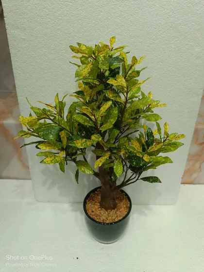 An artificial Croton plant with yellow and green speckled leaves in a simple black pot, ideal for adding a splash of color to a desk.