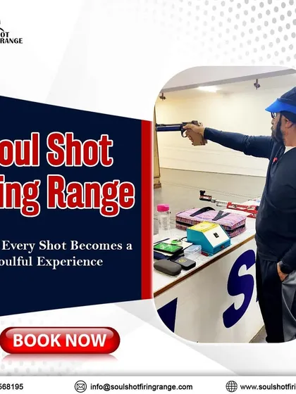 A graphic inviting you to book a soulful experience at our range, where every shot counts.