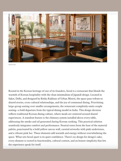 A screenshot of the Architectural Digest India feature, detailing how Seoul blends Korean heritage with Japandi minimalism. The article highlights our focus on shared experiences and functional, culturally-aware design.