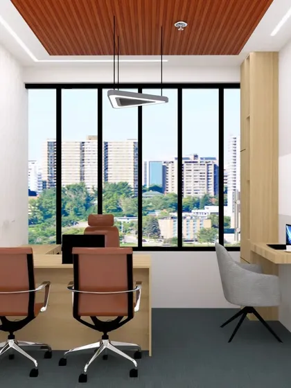 Another view of the 3D office cabin design, highlighting the space from the entrance. This view shows the executive chair placement and the clear view of the city, creating a powerful and inspiring workspace for leadership.
