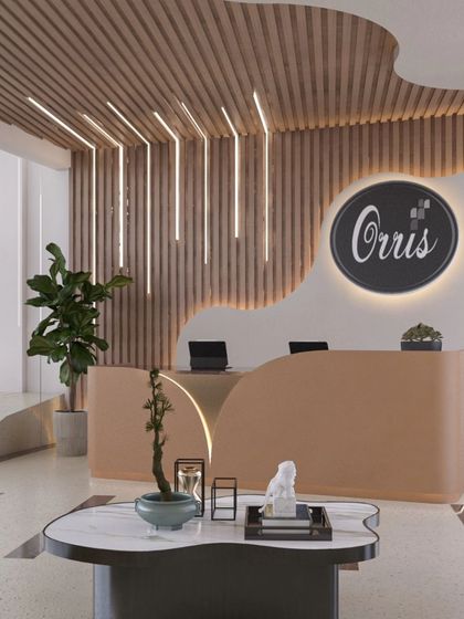 A render of the club reception desk, featuring an organic shape and a flowing wooden feature wall with integrated profile lighting.