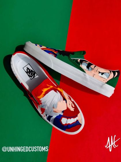 Another angle of the MHA Vans, showing how the two characters are split between the shoes for a cool, mismatched look.