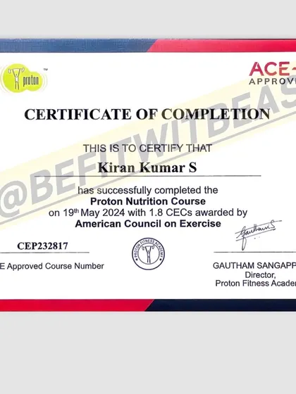 A duplicate of my ACE-approved nutrition course certificate, highlighting my qualifications in providing holistic fitness and nutrition guidance.