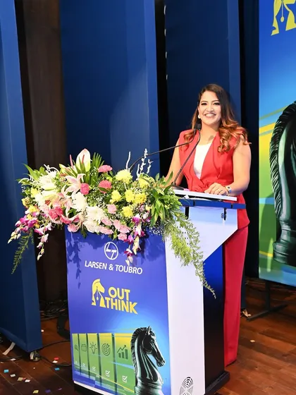 Standing at the beautifully branded podium for Larsen & Toubro.
