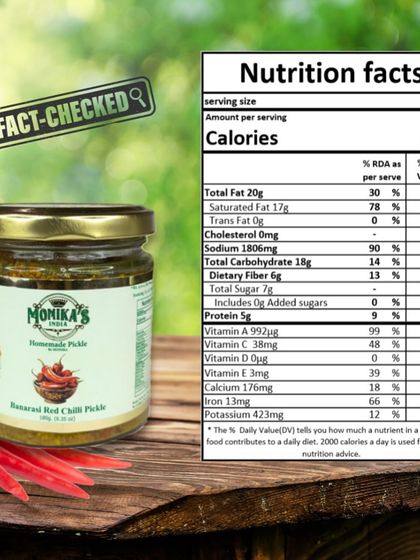 Here are the nutrition facts for my Banarasi Red Chilli Pickle. You can see it's packed with flavour without any cholesterol or trans fat, making it a healthy way to spice up your food.