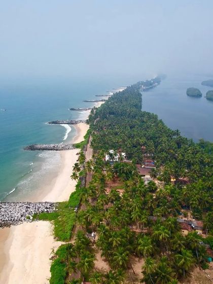 An aerial view of the beautiful coastline near Udupi, with its palm-fringed beaches.