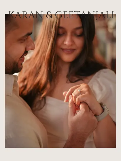 A close-up on the symbol of their promise. I focus on capturing the ring not just as jewelry, but as the centerpiece of this life-changing moment during their Rishikesh getaway.