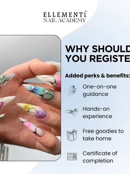 My builder gel extension workshop comes with added perks. You'll get one-on-one guidance, hands-on experience, a certificate, and free goodies to take home.