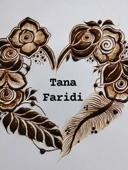 A beautiful, personalized henna design for 'Tana' and 'Faridi', framed by a heart of flowers and feathers.