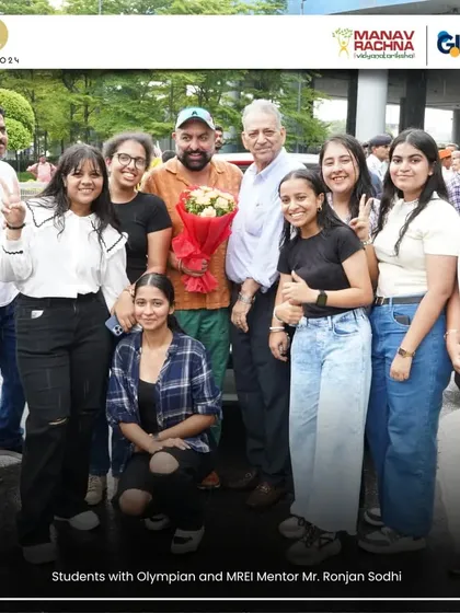 Our students with Olympian and our mentor, Mr. Ronjan Sodhi, at the airport welcoming ceremony for the Paris 2024 shooting contingent.