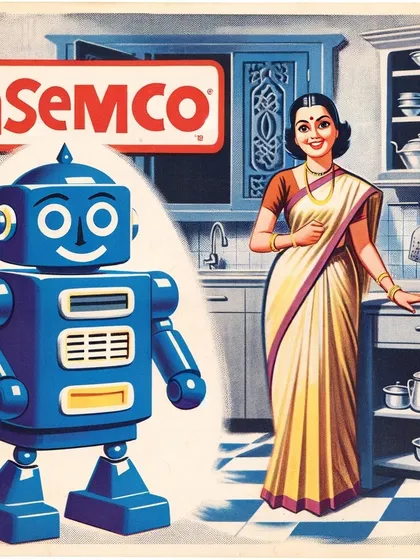 An INSEMCO ad showing a woman with her new robot helper in the kitchen. The series mimics the art style of vintage Indian comics and advertisements.