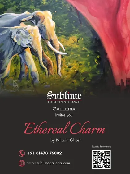 The invitation for Niladri Ghosh's 'Ethereal Charm' exhibition at the Conrad Bengaluru, showcasing his captivating wildlife and nature art.